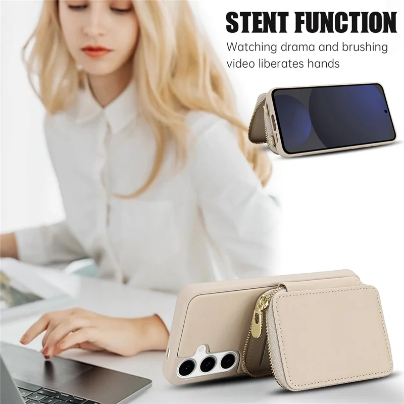 For Samsung Galaxy S23 FE Case RFID Blocking Zipper Wallet Leather + TPU Phone Cover with Shoulder Strap - Apricot
