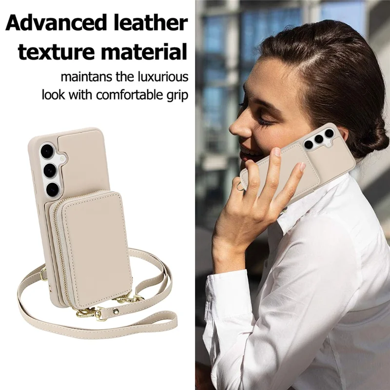 For Samsung Galaxy S23 FE Case RFID Blocking Zipper Wallet Leather + TPU Phone Cover with Shoulder Strap - Apricot