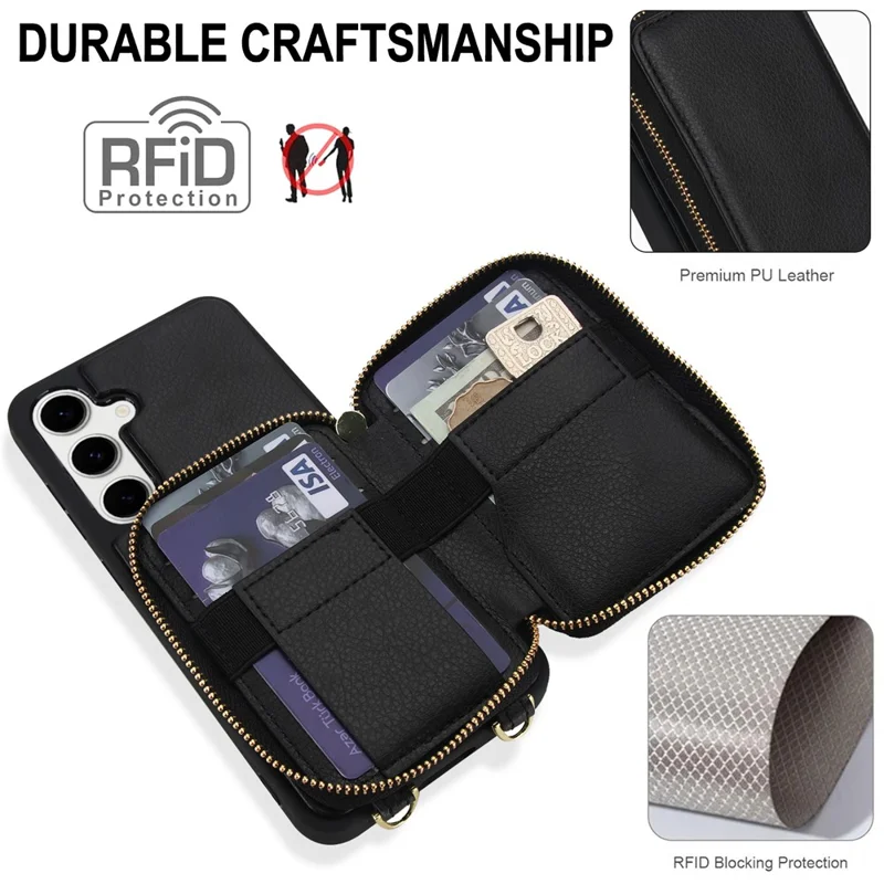 For Samsung Galaxy S23 FE Case RFID Blocking Zipper Wallet Leather + TPU Phone Cover with Shoulder Strap - Black