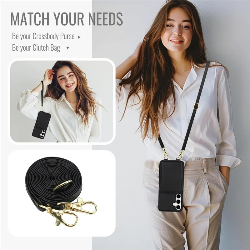For Samsung Galaxy S23 FE Case RFID Blocking Zipper Wallet Leather + TPU Phone Cover with Shoulder Strap - Black