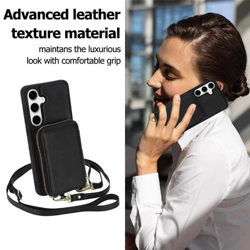 For Samsung Galaxy S23 FE Case RFID Blocking Zipper Wallet Leather + TPU Phone Cover with Shoulder Strap - Black