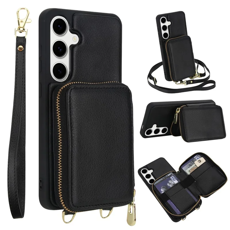 For Samsung Galaxy S25 / S24 Case RFID Blocking Zipper Wallet Leather + TPU Phone Cover with Shoulder Strap - Black