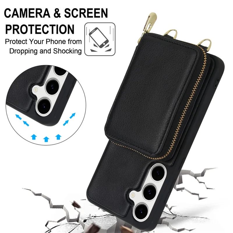 For Samsung Galaxy S25 / S24 Case RFID Blocking Zipper Wallet Leather + TPU Phone Cover with Shoulder Strap - Black