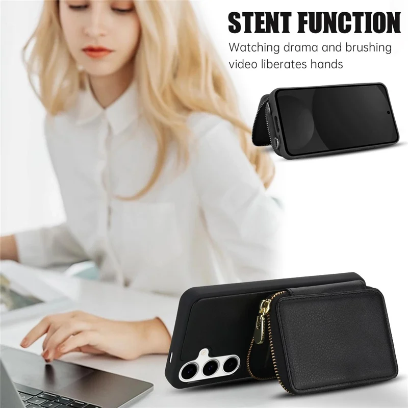 For Samsung Galaxy S25 / S24 Case RFID Blocking Zipper Wallet Leather + TPU Phone Cover with Shoulder Strap - Black