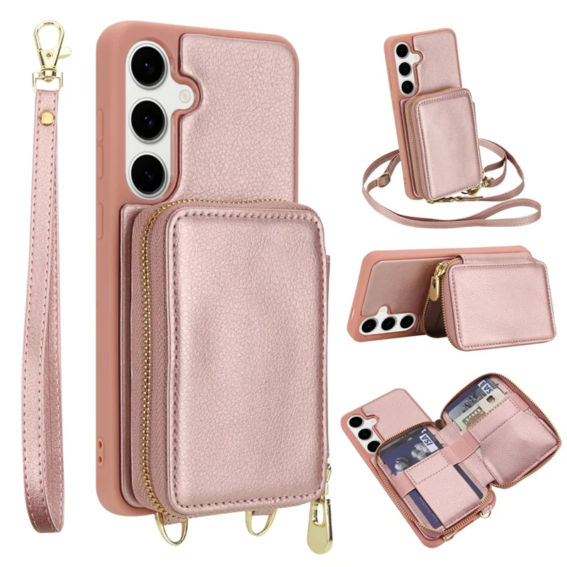 For Samsung Galaxy S24 FE Case RFID Blocking Zipper Wallet Leather + TPU Phone Cover with Shoulder Strap - Rose Gold