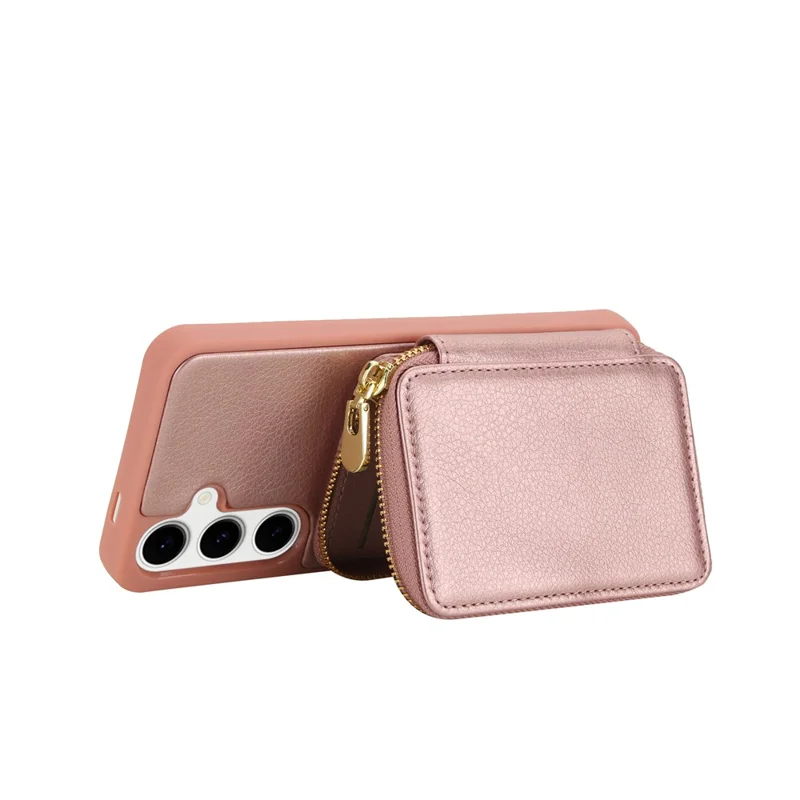 For Samsung Galaxy S24 FE Case RFID Blocking Zipper Wallet Leather + TPU Phone Cover with Shoulder Strap - Rose Gold