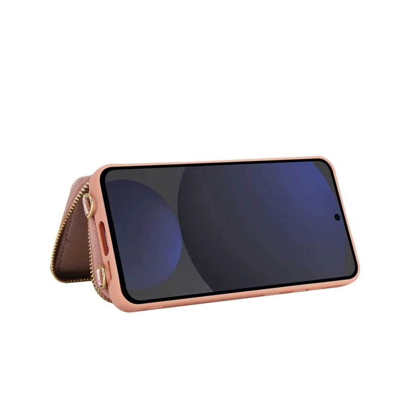 For Samsung Galaxy S24 FE Case RFID Blocking Zipper Wallet Leather + TPU Phone Cover with Shoulder Strap - Rose Gold