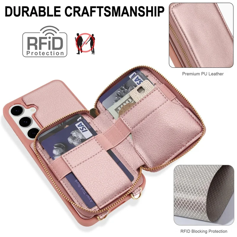 For Samsung Galaxy S24 FE Case RFID Blocking Zipper Wallet Leather + TPU Phone Cover with Shoulder Strap - Rose Gold