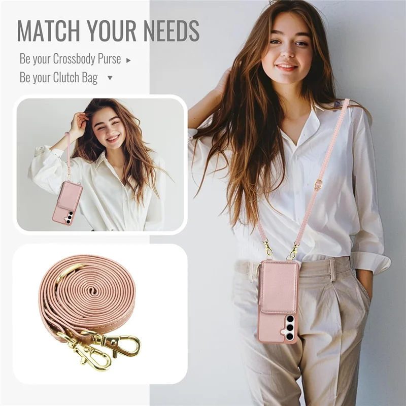 For Samsung Galaxy S24 FE Case RFID Blocking Zipper Wallet Leather + TPU Phone Cover with Shoulder Strap - Rose Gold
