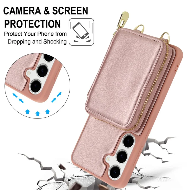 For Samsung Galaxy S24 FE Case RFID Blocking Zipper Wallet Leather + TPU Phone Cover with Shoulder Strap - Rose Gold