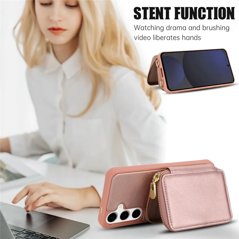 For Samsung Galaxy S24 FE Case RFID Blocking Zipper Wallet Leather + TPU Phone Cover with Shoulder Strap - Rose Gold