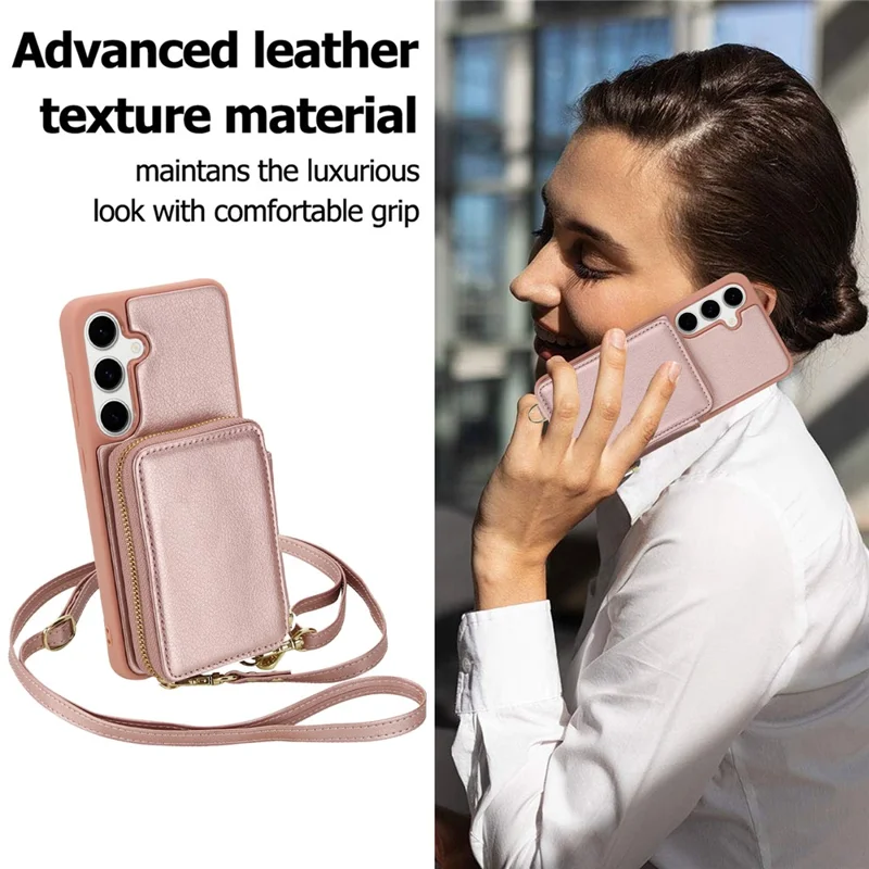 For Samsung Galaxy S24 FE Case RFID Blocking Zipper Wallet Leather + TPU Phone Cover with Shoulder Strap - Rose Gold