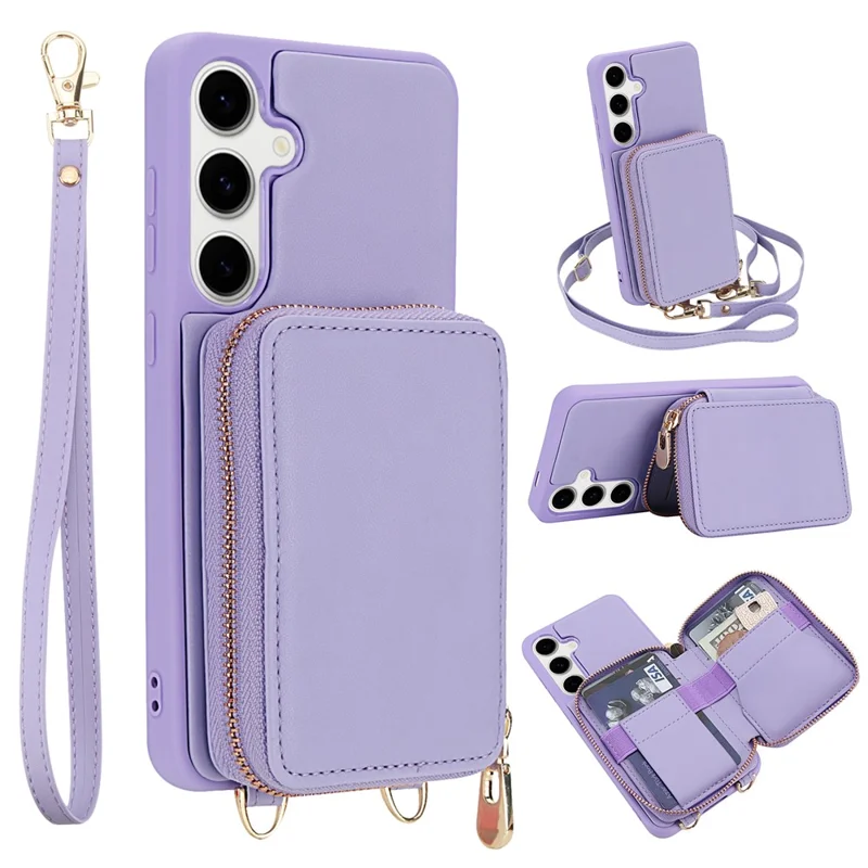 For Samsung Galaxy S24 FE Case RFID Blocking Zipper Wallet Leather + TPU Phone Cover with Shoulder Strap - Light Purple