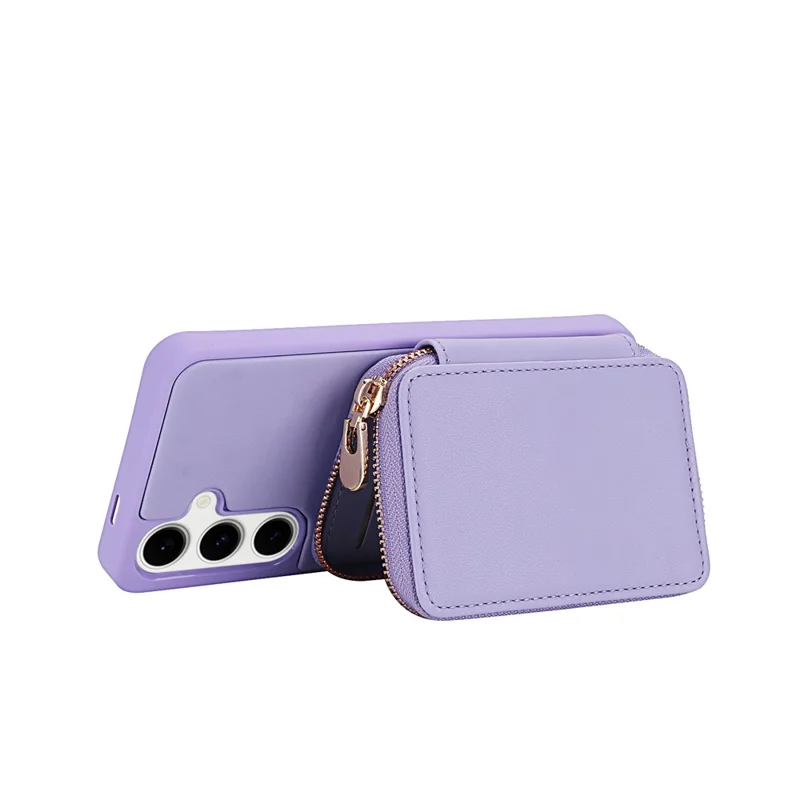 For Samsung Galaxy S24 FE Case RFID Blocking Zipper Wallet Leather + TPU Phone Cover with Shoulder Strap - Light Purple