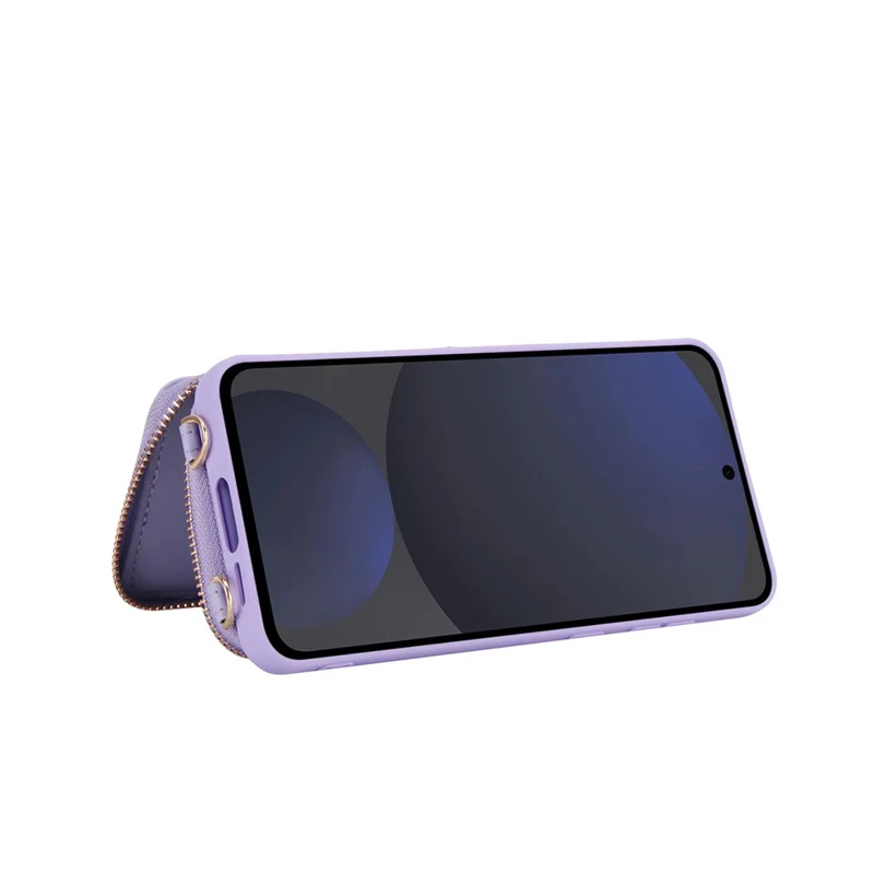 For Samsung Galaxy S24 FE Case RFID Blocking Zipper Wallet Leather + TPU Phone Cover with Shoulder Strap - Light Purple