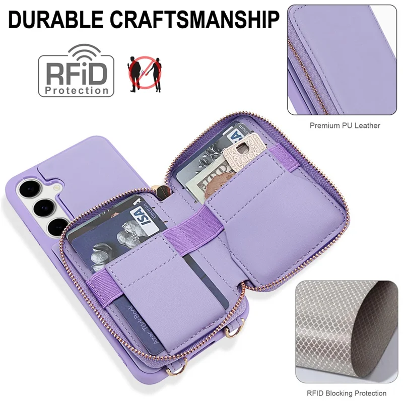 For Samsung Galaxy S24 FE Case RFID Blocking Zipper Wallet Leather + TPU Phone Cover with Shoulder Strap - Light Purple