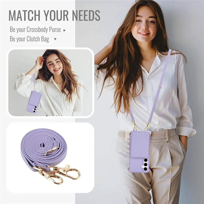 For Samsung Galaxy S24 FE Case RFID Blocking Zipper Wallet Leather + TPU Phone Cover with Shoulder Strap - Light Purple