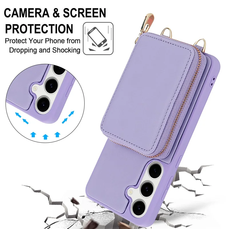 For Samsung Galaxy S24 FE Case RFID Blocking Zipper Wallet Leather + TPU Phone Cover with Shoulder Strap - Light Purple