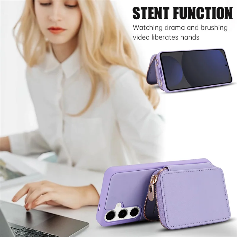 For Samsung Galaxy S24 FE Case RFID Blocking Zipper Wallet Leather + TPU Phone Cover with Shoulder Strap - Light Purple