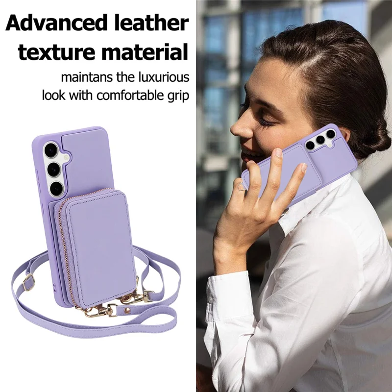 For Samsung Galaxy S24 FE Case RFID Blocking Zipper Wallet Leather + TPU Phone Cover with Shoulder Strap - Light Purple