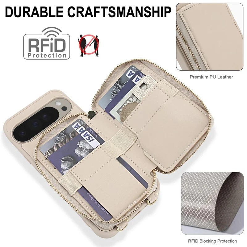 For Google Pixel 9 / 9 Pro Case RFID Blocking Zipper Wallet Leather + TPU Phone Cover with Shoulder Strap - Apricot
