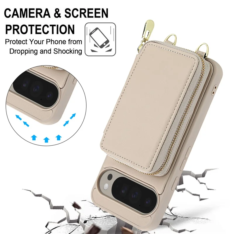 For Google Pixel 9 / 9 Pro Case RFID Blocking Zipper Wallet Leather + TPU Phone Cover with Shoulder Strap - Apricot