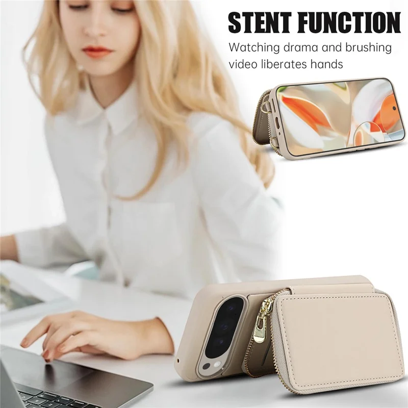 For Google Pixel 9 / 9 Pro Case RFID Blocking Zipper Wallet Leather + TPU Phone Cover with Shoulder Strap - Apricot