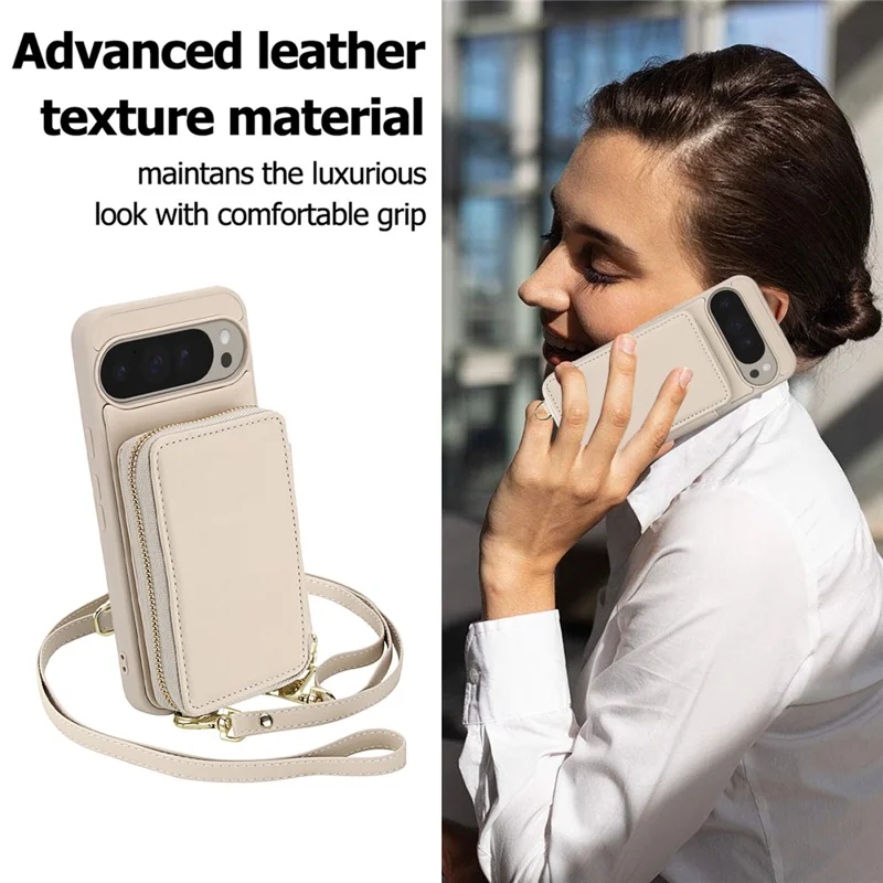 For Google Pixel 9 / 9 Pro Case RFID Blocking Zipper Wallet Leather + TPU Phone Cover with Shoulder Strap - Apricot
