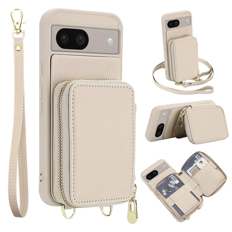 For Google Pixel 8a Case RFID Blocking Zipper Wallet Leather + TPU Phone Cover with Shoulder Strap - Apricot