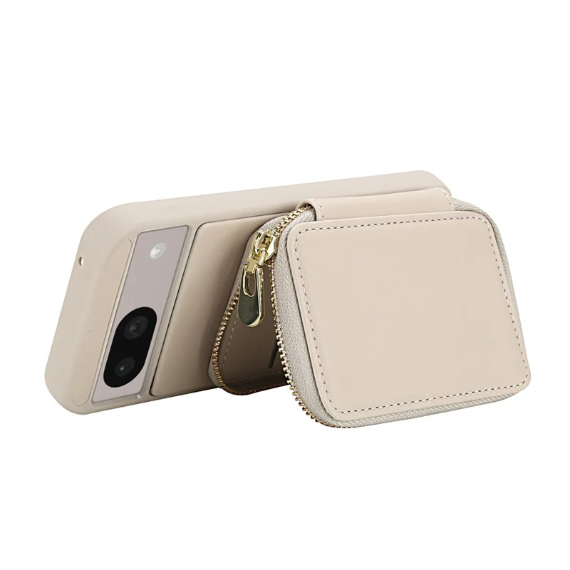 For Google Pixel 8a Case RFID Blocking Zipper Wallet Leather + TPU Phone Cover with Shoulder Strap - Apricot