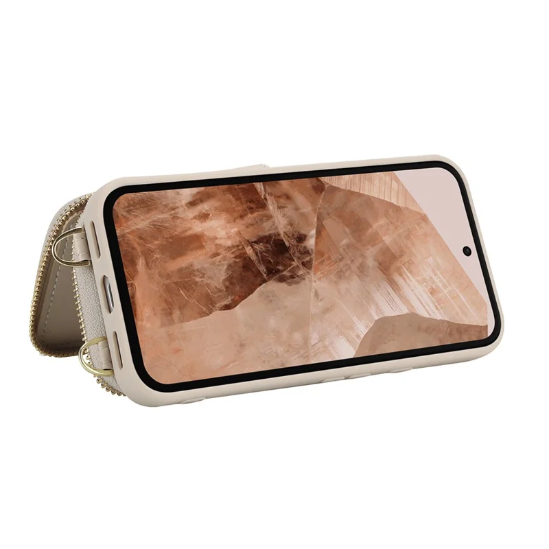 For Google Pixel 8a Case RFID Blocking Zipper Wallet Leather + TPU Phone Cover with Shoulder Strap - Apricot