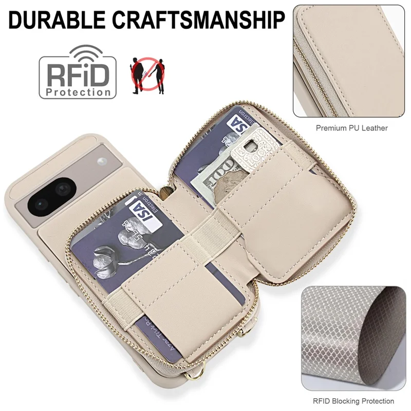 For Google Pixel 8a Case RFID Blocking Zipper Wallet Leather + TPU Phone Cover with Shoulder Strap - Apricot