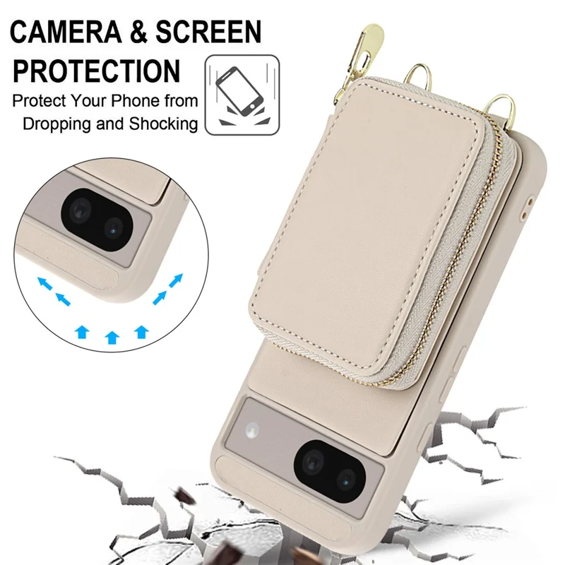 For Google Pixel 8a Case RFID Blocking Zipper Wallet Leather + TPU Phone Cover with Shoulder Strap - Apricot