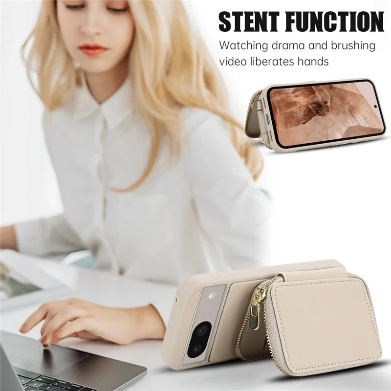 For Google Pixel 8a Case RFID Blocking Zipper Wallet Leather + TPU Phone Cover with Shoulder Strap - Apricot