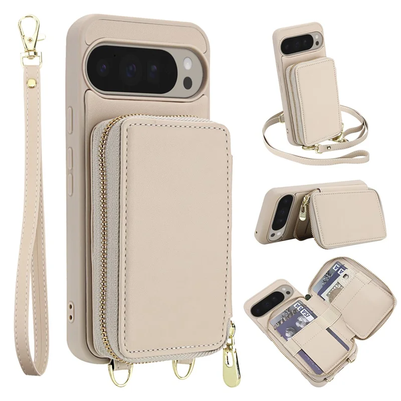 For Google Pixel 9 Pro XL Case RFID Blocking Zipper Wallet Leather + TPU Phone Cover with Shoulder Strap - Apricot