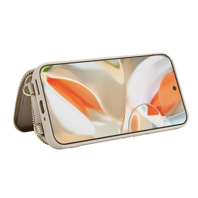 For Google Pixel 9 Pro XL Case RFID Blocking Zipper Wallet Leather + TPU Phone Cover with Shoulder Strap - Apricot