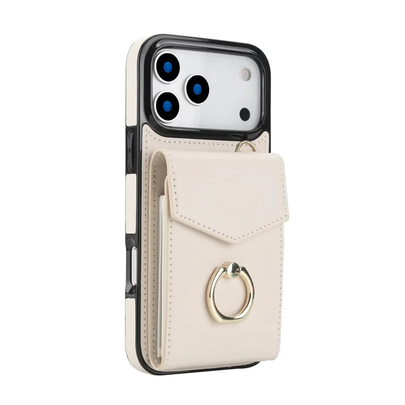 For iPhone 17 Pro Max Case Leather + TPU Accordion Card Bag Phone Cover with Ring Kickstand - Beige