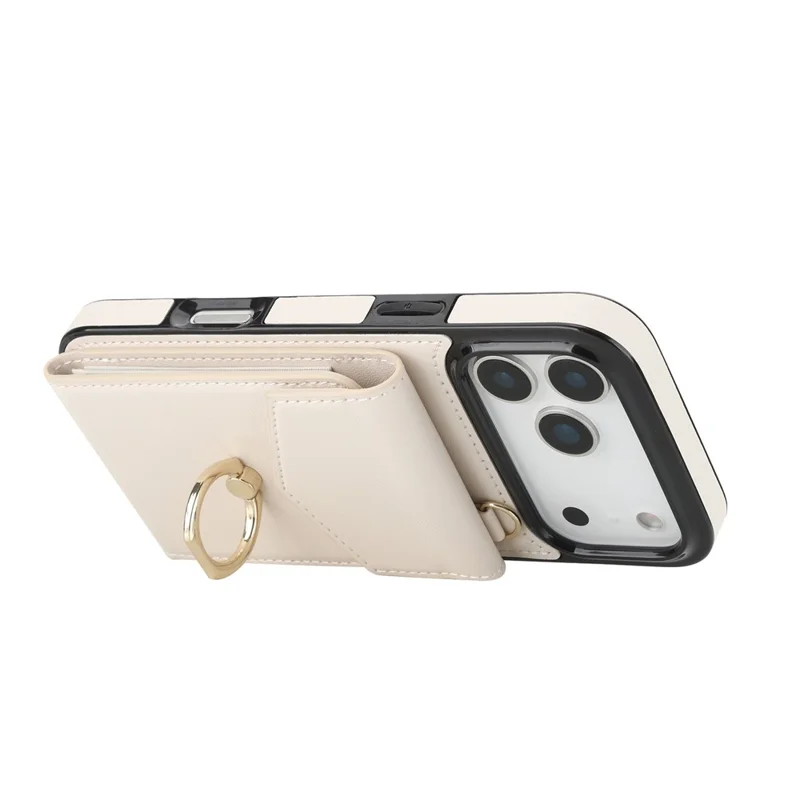 For iPhone 17 Pro Max Case Leather + TPU Accordion Card Bag Phone Cover with Ring Kickstand - Beige