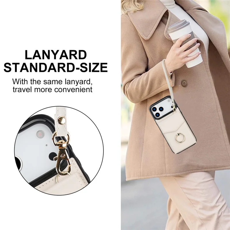 For iPhone 17 Pro Max Case Leather + TPU Accordion Card Bag Phone Cover with Ring Kickstand - Beige