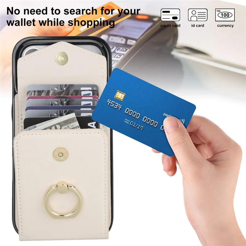 For iPhone 17 Pro Max Case Leather + TPU Accordion Card Bag Phone Cover with Ring Kickstand - Beige