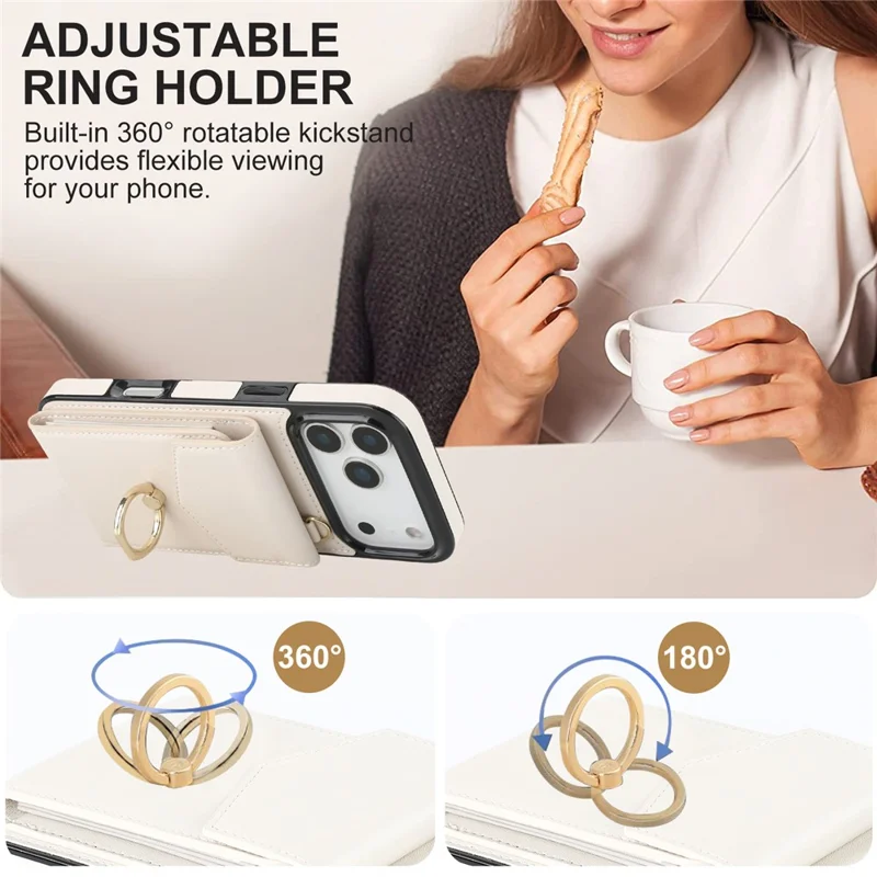For iPhone 17 Pro Max Case Leather + TPU Accordion Card Bag Phone Cover with Ring Kickstand - Beige