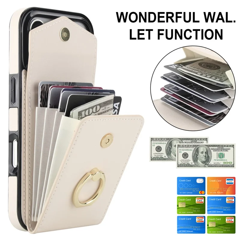 For iPhone 17 Pro Max Case Leather + TPU Accordion Card Bag Phone Cover with Ring Kickstand - Beige
