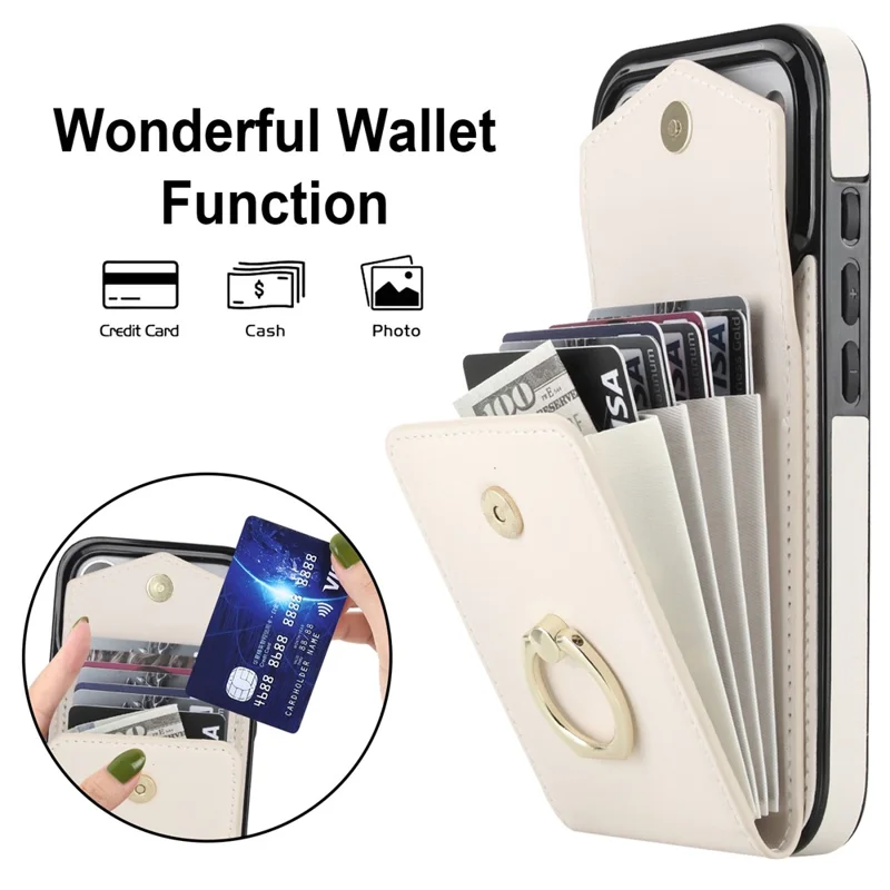 For iPhone 17 Pro Max Case Leather + TPU Accordion Card Bag Phone Cover with Ring Kickstand - Beige
