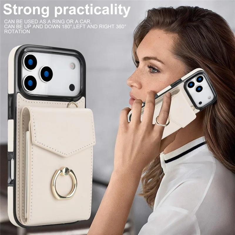 For iPhone 17 Pro Max Case Leather + TPU Accordion Card Bag Phone Cover with Ring Kickstand - Beige