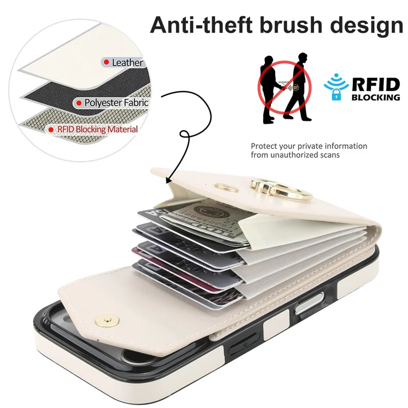 For iPhone 17 Pro Case Leather + TPU Accordion Card Bag Phone Cover with Ring Kickstand - Beige