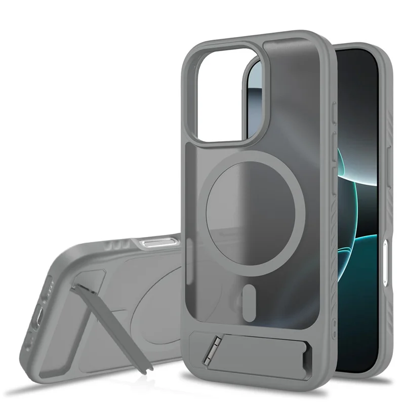 Compra em Massa para Capa do iPhone 16 Pro Max Compatível com MagSafe Pele Sensação PC + Capa de Telefone com Suporte TPU - Cinza Escuro