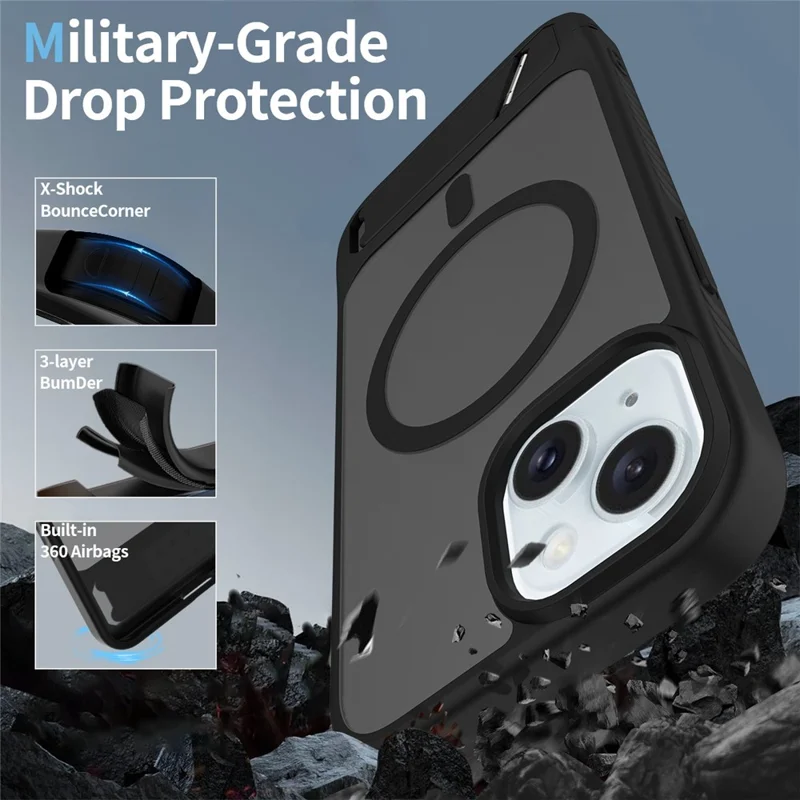 Funda con Soporte de Compra al por Mayor para iPhone 15 / 14 / 13 Sensación de Piel PC + Cubierta de Teléfono TPU Compatible con MagSafe - Negro