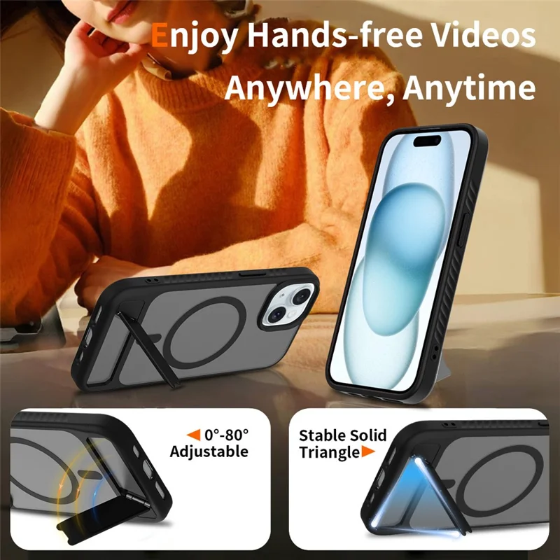 Funda con Soporte de Compra al por Mayor para iPhone 15 / 14 / 13 Sensación de Piel PC + Cubierta de Teléfono TPU Compatible con MagSafe - Negro