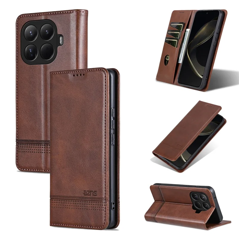 AZNS For Xiaomi 15T Pro Case Cowhide Texture PU Leather Wallet Phone Cover - Coffee