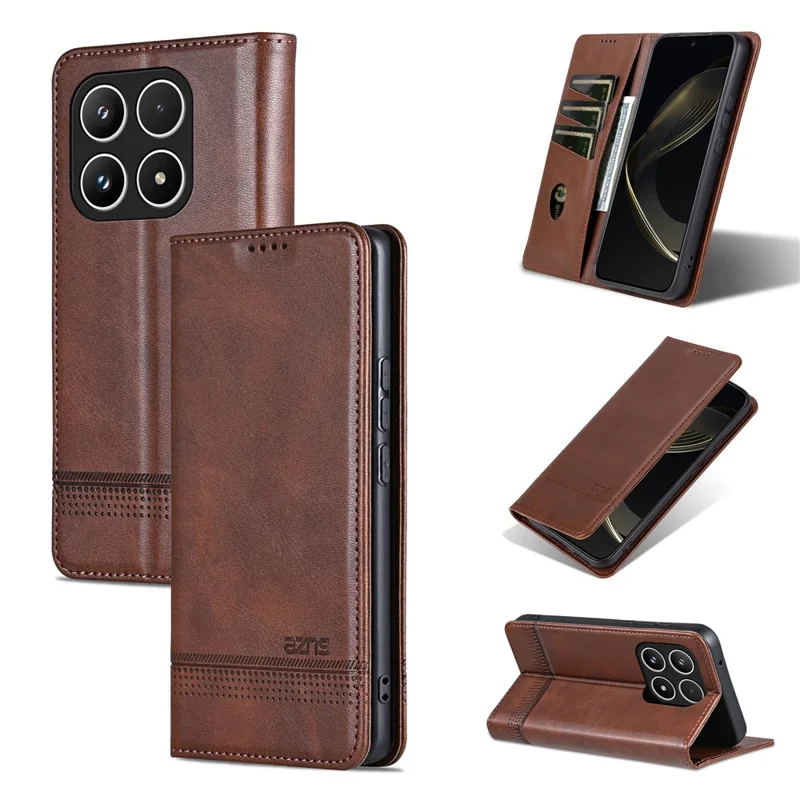 AZNS For Xiaomi 17 Case Cowhide Texture PU Leather Wallet Phone Cover - Coffee